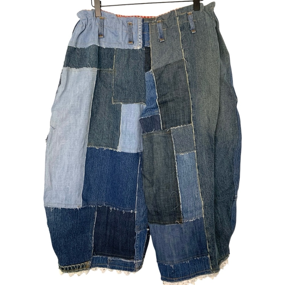 Rare Custom Artist Designed Wide Barrel Distressed Patchwork Denim Cropped Jeans
